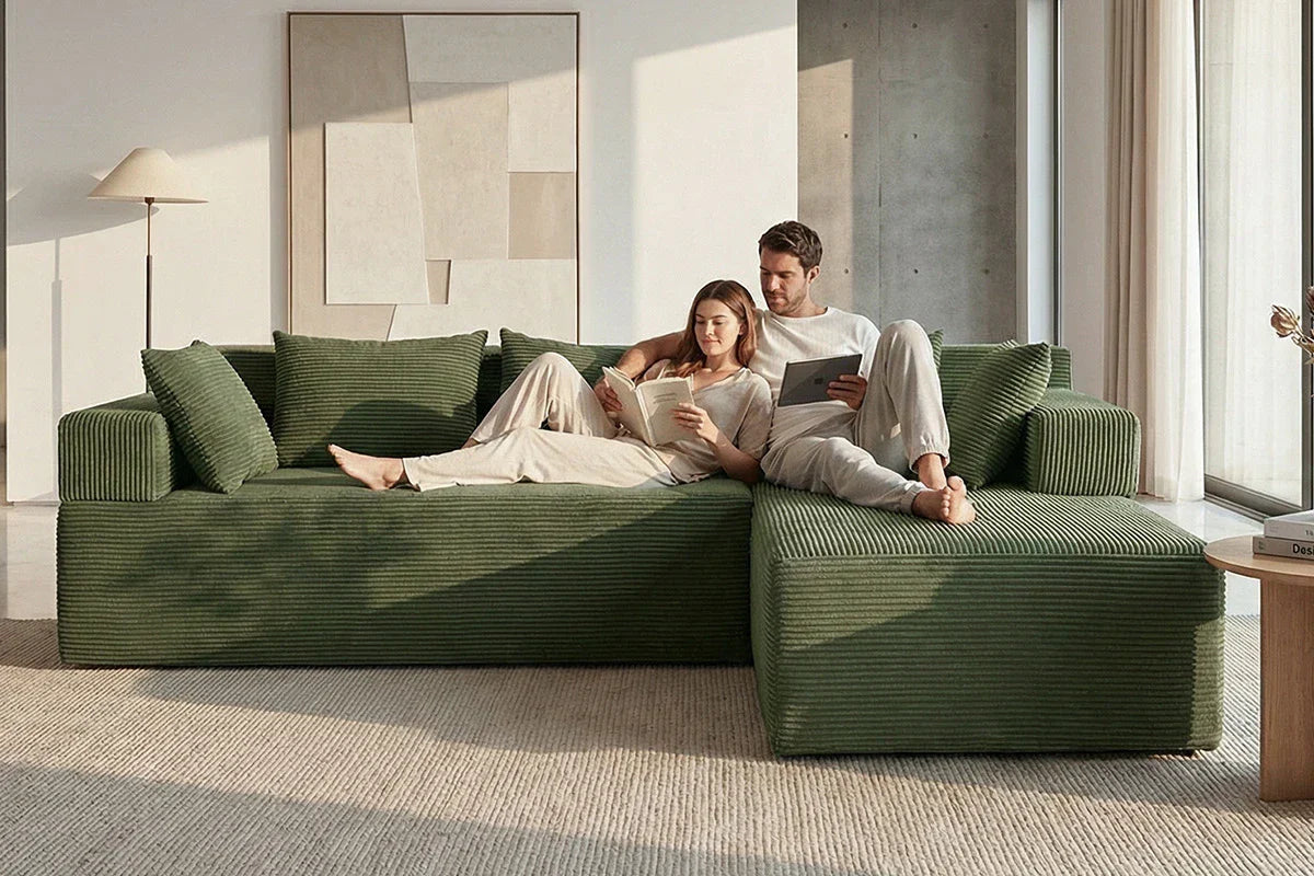 Will a 106-Inch Green Corduroy L-Shaped Sectional Fit Your Living Room?