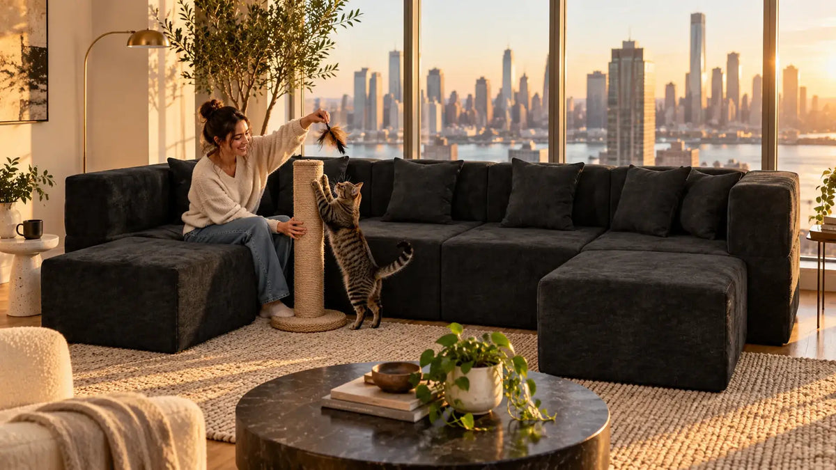 Tabby cat stretching up a sisal scratching post set at the open corner of a black MONVANE U-Shaped Modular Couch