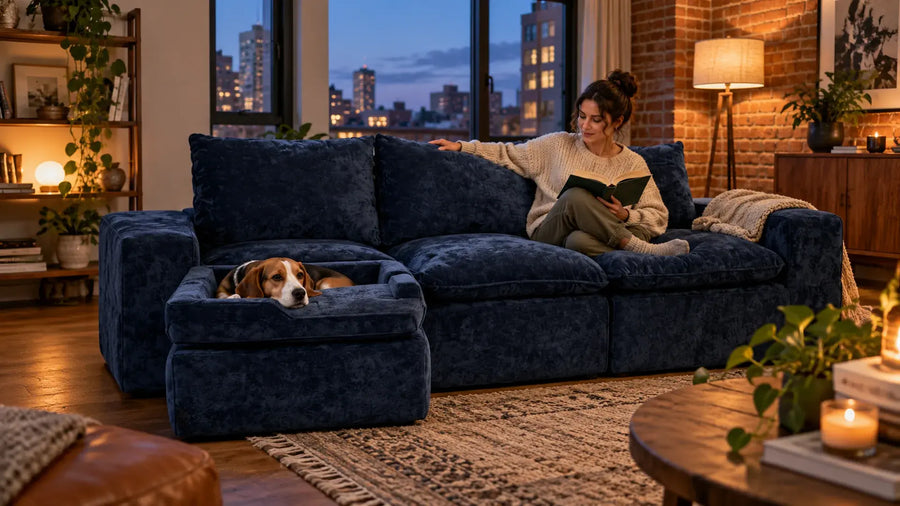 Beagle resting on the detachable dog seat module attached to the front of a navy MONVANE Human & Pet Modular Sofa while its owner reads (AI-generated illustration, not a customer photo)