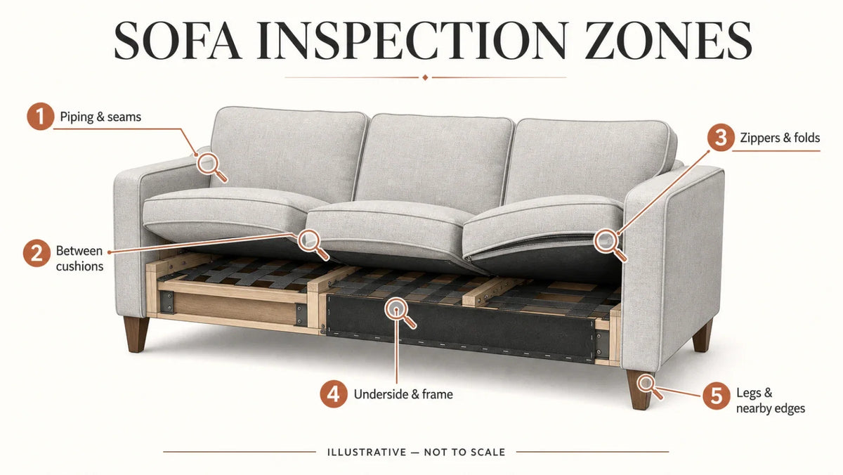 Illustrative sofa diagram marking seams, cushion gaps, zippers, the underside, frame, legs and nearby edges as inspection zones.