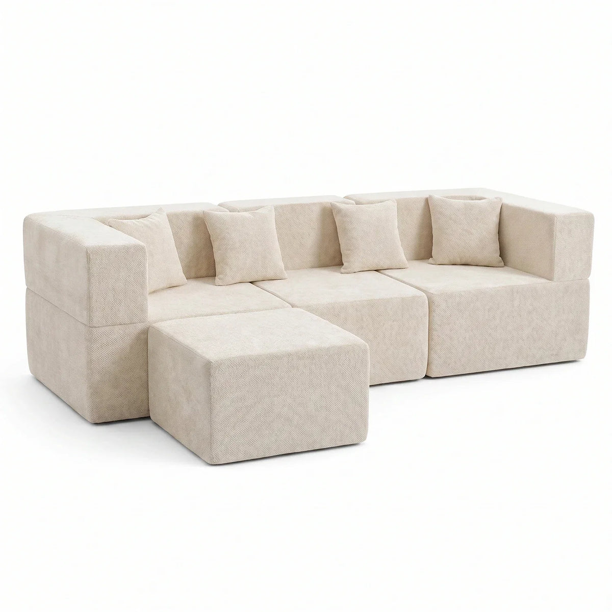 Ivory Monvane L-shaped modular sectional with a separate ottoman on a white background.