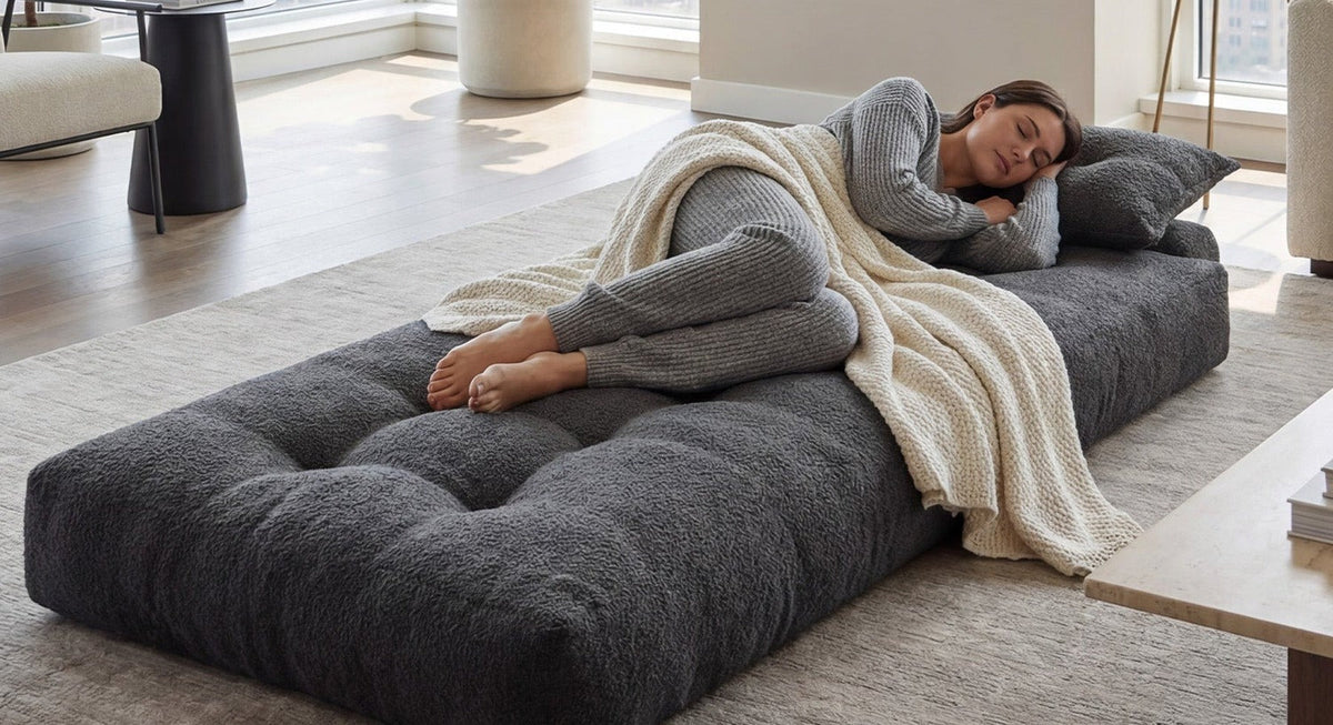 An adult sleeping on a dark gray Monvane Oversized Sofa Bed in its flat position.