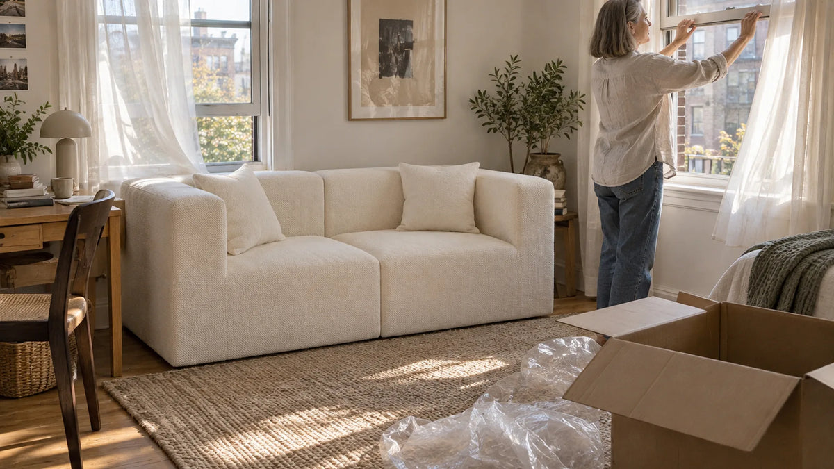 Person opening windows beside a newly unboxed beige loveseat to air out new couch smell (AI-generated illustration, not a customer photo)
