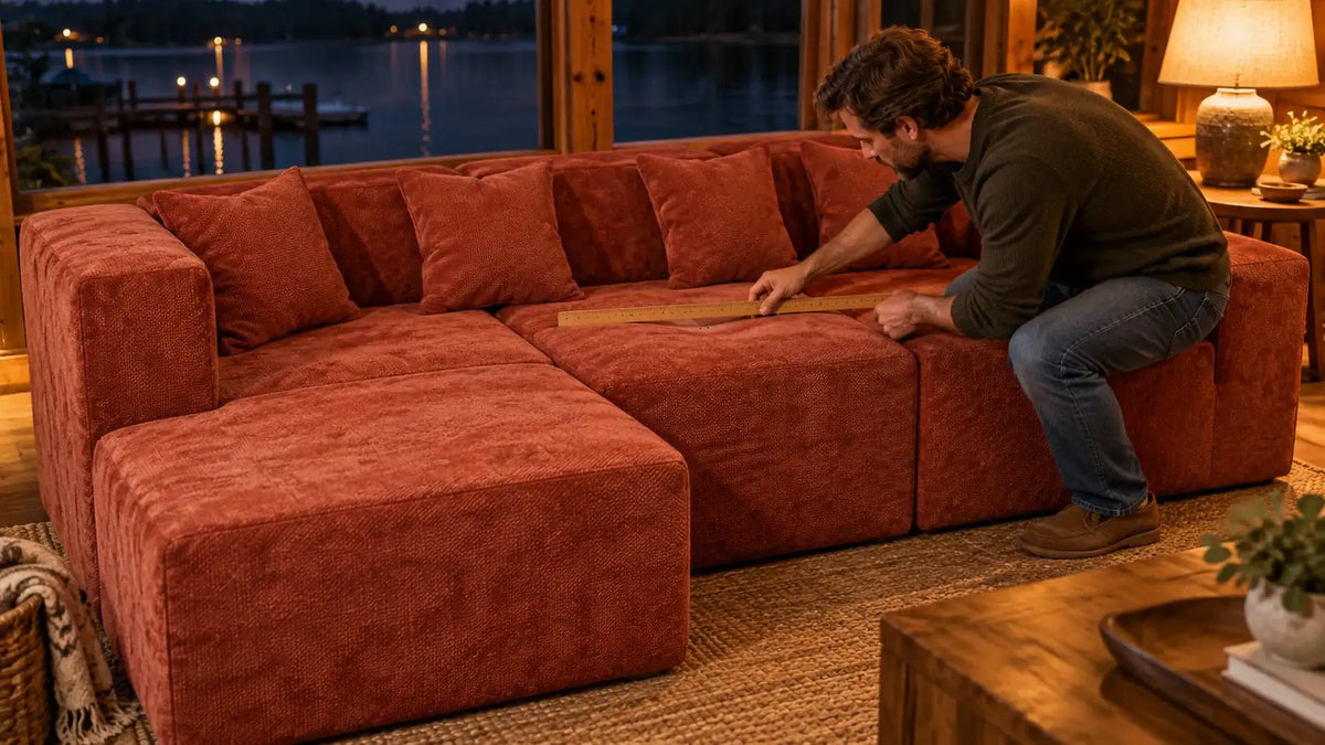 Man laying a wooden yardstick across the seat of a red MONVANE L-Shaped Modular Couch to check for a dip