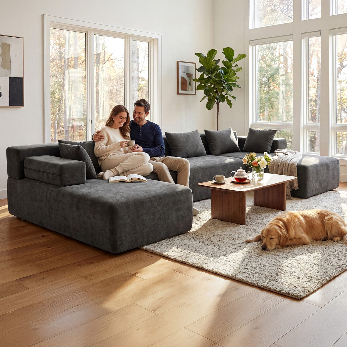 Modular sofa arranged for everyday family living