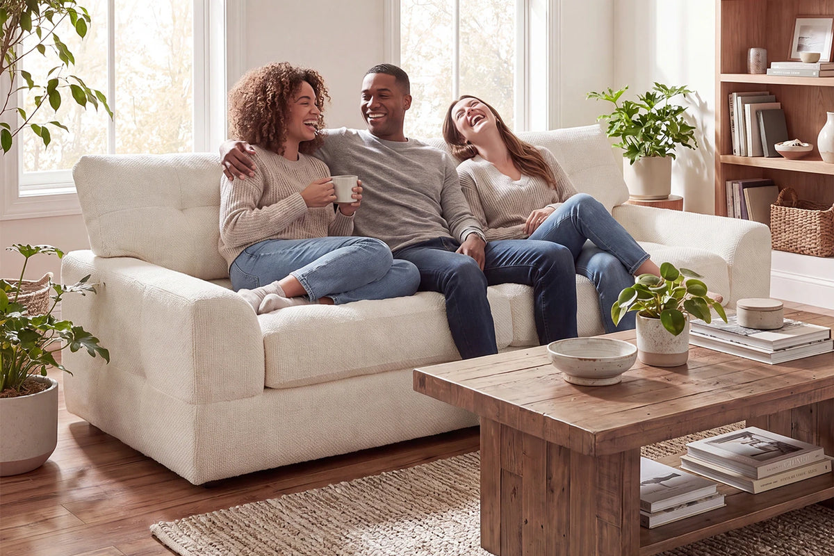 Couple Lounging on Monvane 75.6-Inch Beige 3-Seater 2-in-1 Convertible Chenille Sofa and Floor Lounger