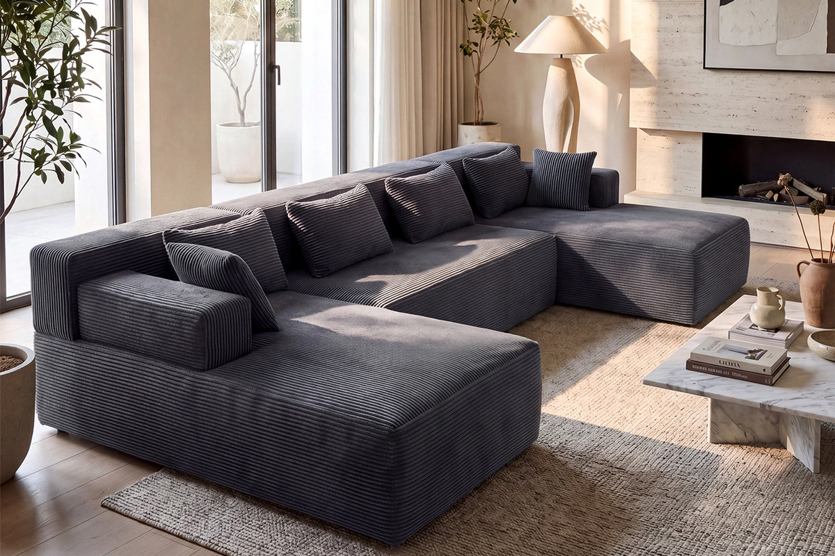 Grey U-shaped sectional couch (corduroy) by Monvane