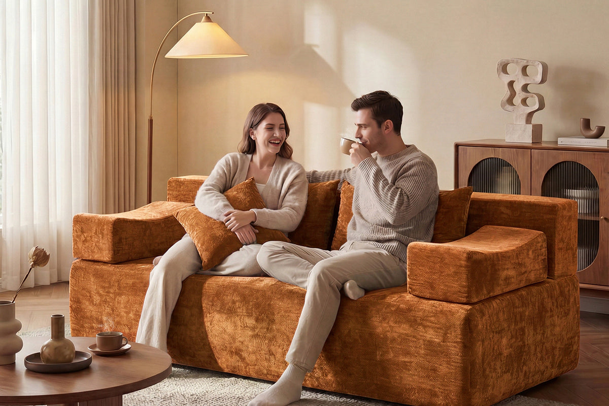 Orange loveseat sofa (chenille) by Monvane