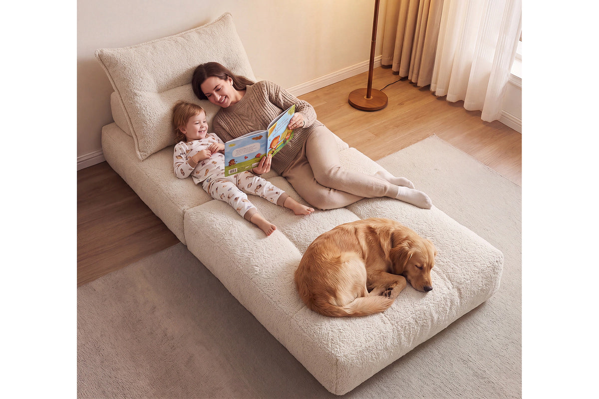 Monvane Oversized 3-in-1 Folding Sofa Bed in Beige 400GSM Teddy Velvet - Folded 38x33.86x16.54 Inch Sleeper Chair with 2 Pillows