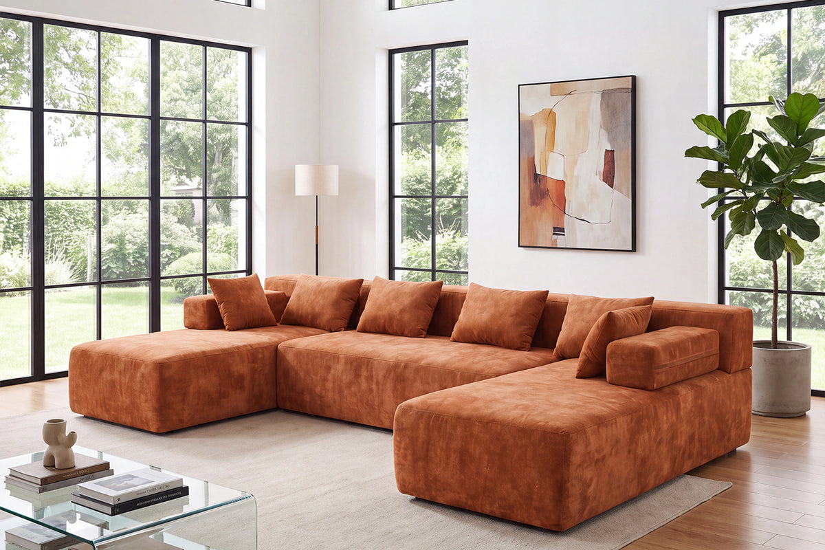 Orange U-shaped sectional couch (chenille) by Monvane