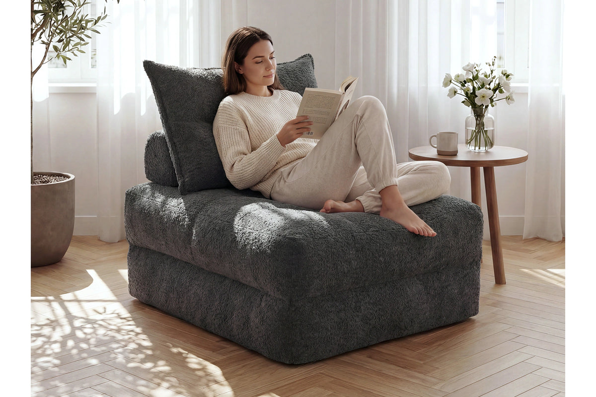 Monvane Oversized 3-in-1 Folding Sofa Bed in Dark Grey 400GSM Teddy Velvet - Folded 38x33.86x16.54 Inch Sleeper Chair with 2 Pillows