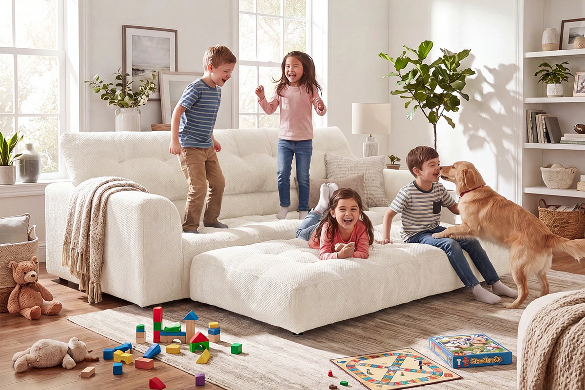 Couple and Corgi Dog Sitting on Monvane 75.6-Inch Beige 3-Seater No-Assembly Chenille Couch (900 lbs Capacity)