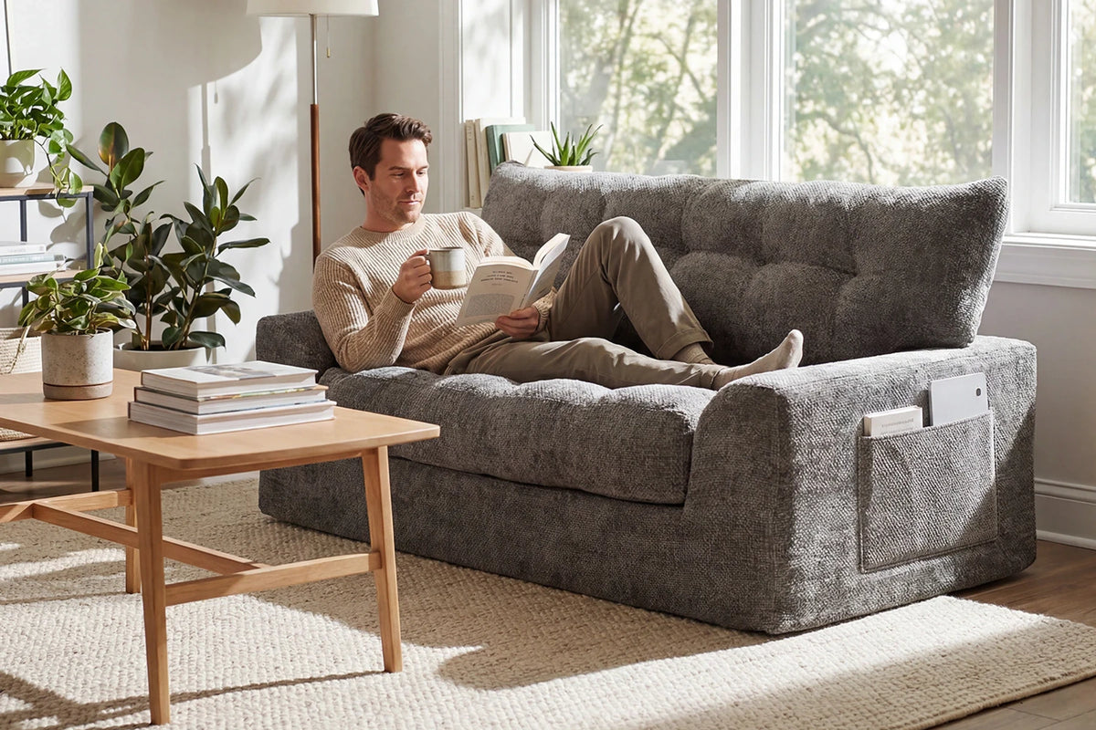 Two Adults Reading on Monvane Dark Grey Boneless Chenille Loveseat Sofa in Compact Studio
