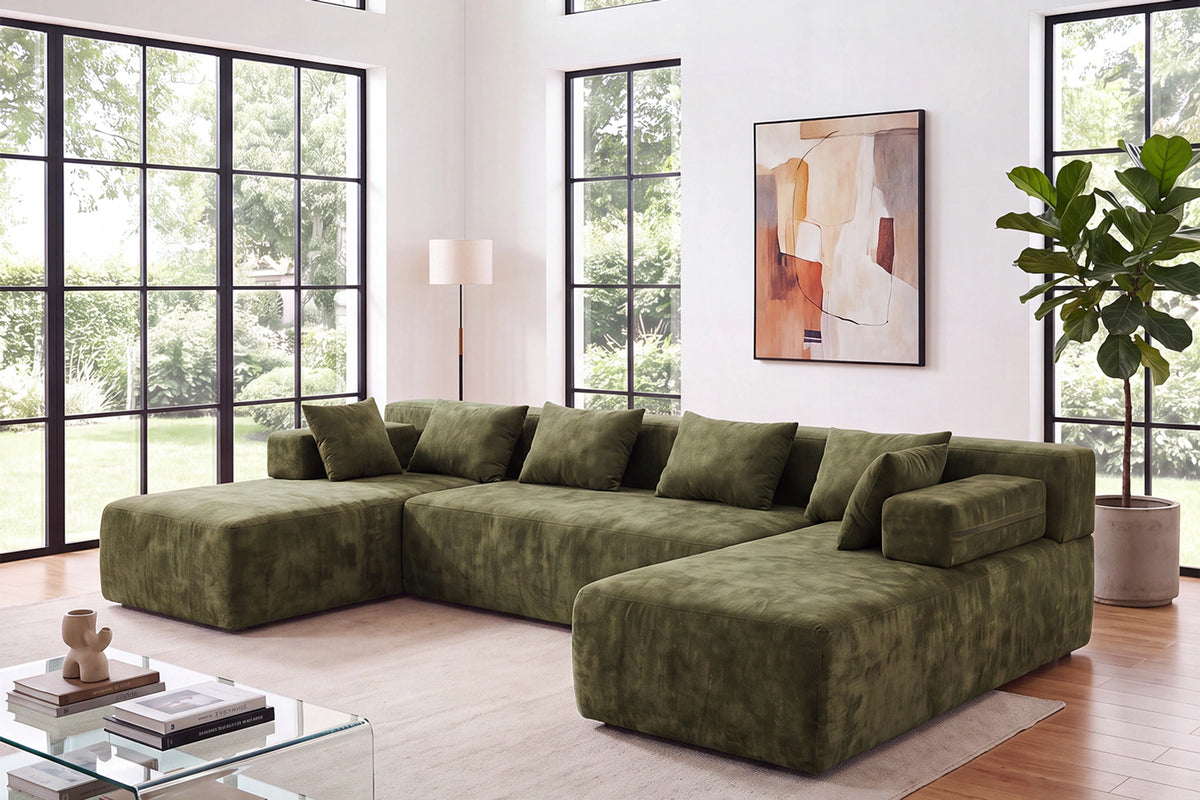 Green U-shaped sectional couch (chenille) by Monvane
