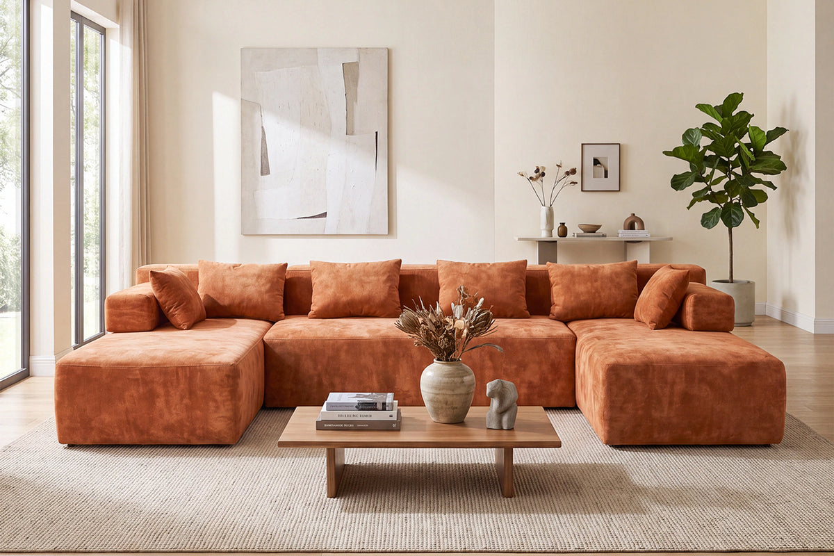 Orange U-shaped sectional couch (chenille) by Monvane