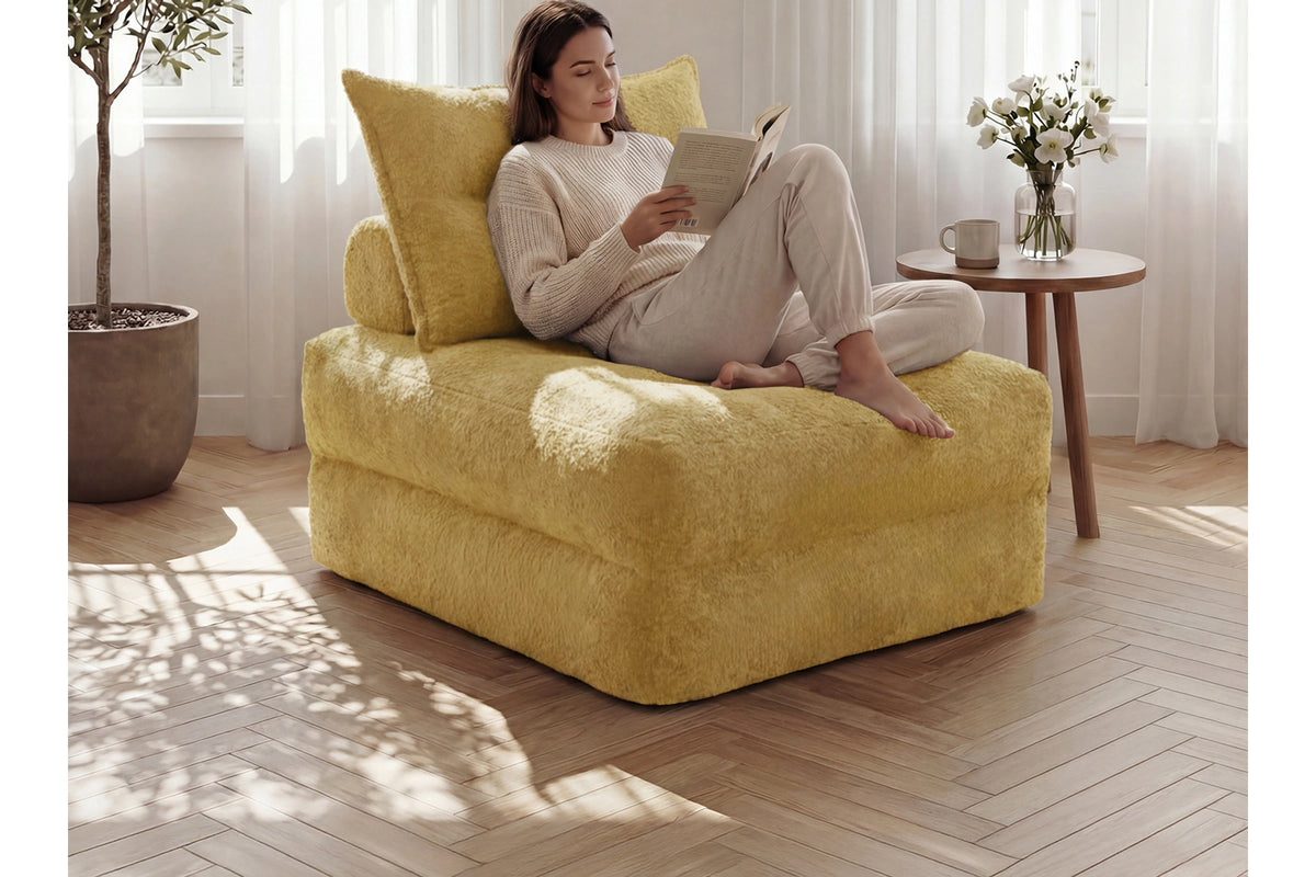 Monvane Oversized 3-in-1 Folding Sofa Bed in Yellow 400GSM Teddy Velvet - Folded 38x33.86x16.54 Inch Sleeper Chair with 2 Pillows