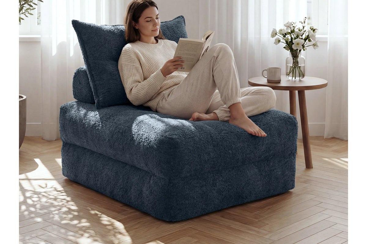 Monvane Oversized 3-in-1 Folding Sofa Bed in Blue 400GSM Teddy Velvet - Folded 38x33.86x16.54 Inch Sleeper Chair with 2 Pillows