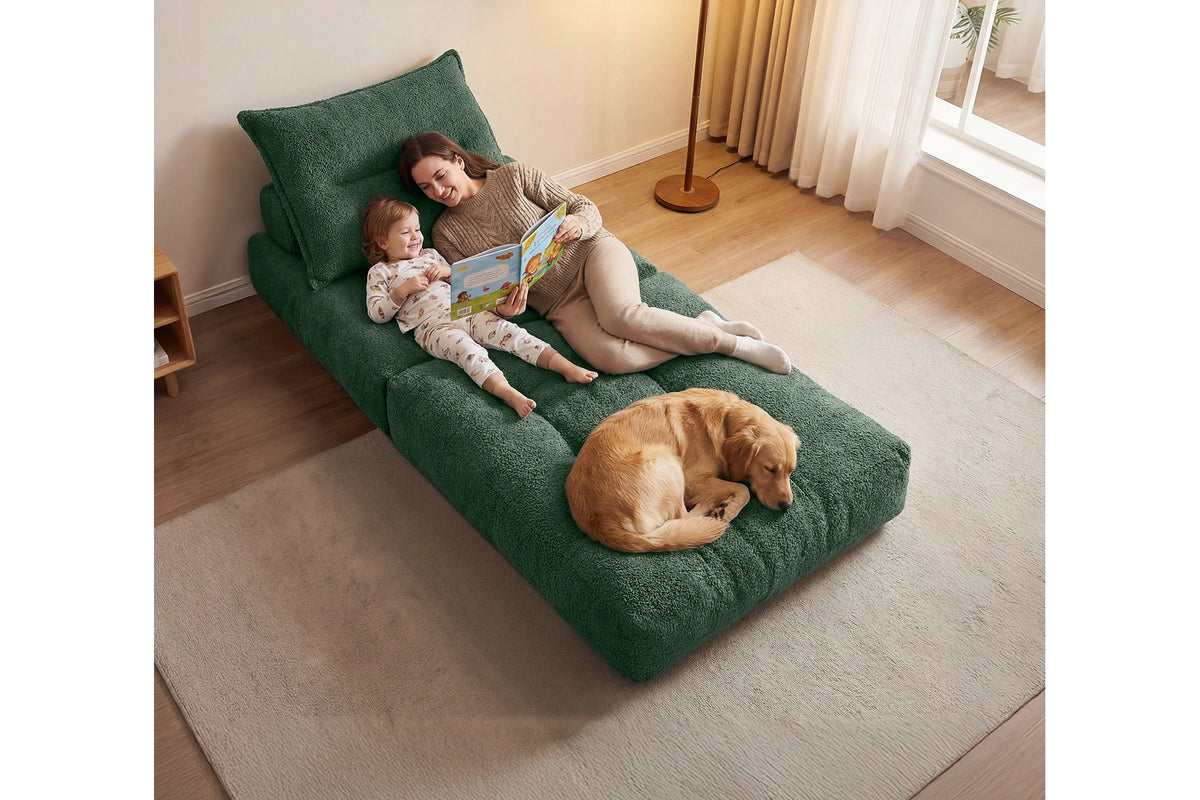 Monvane Oversized 3-in-1 Folding Sofa Bed in Green 400GSM Teddy Velvet - Folded 38x33.86x16.54 Inch Sleeper Chair with 2 Pillows