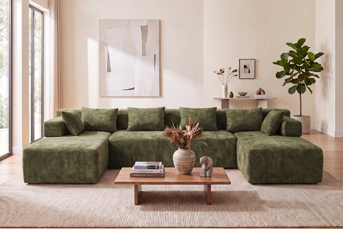 Green U-shaped sectional couch (chenille) by Monvane