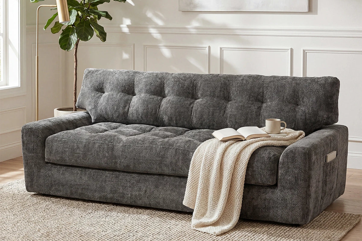 Monvane 75.6x33.86x31.5 Inch Dark Grey 3-Seater Convertible Chenille Sofa in Modern Living Room