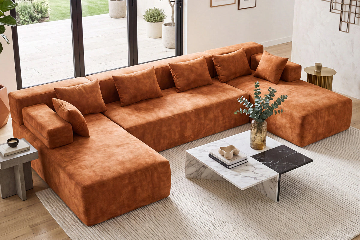 Orange U-shaped sectional couch (chenille) by Monvane