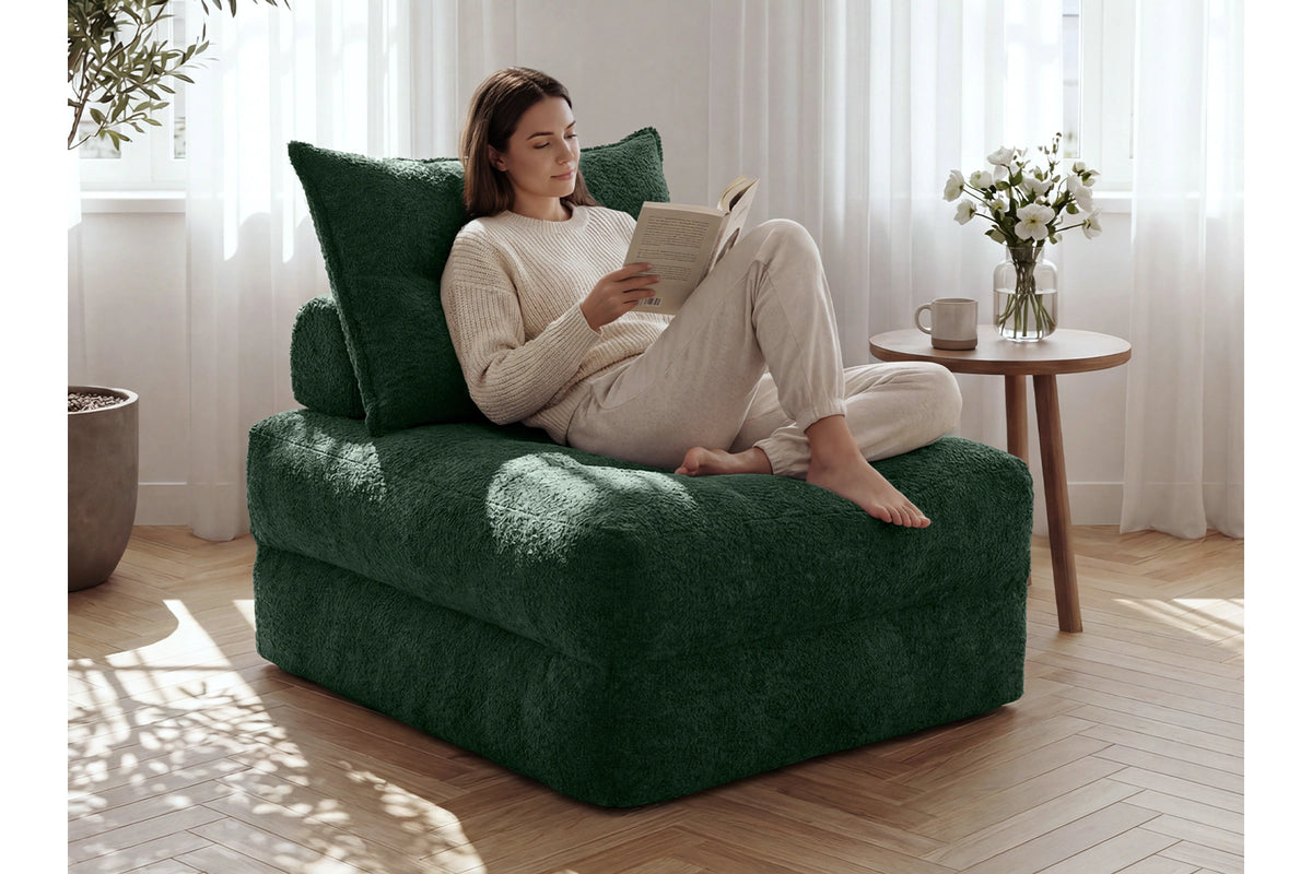 Monvane Oversized 3-in-1 Folding Sofa Bed in Green 400GSM Teddy Velvet - Folded 38x33.86x16.54 Inch Sleeper Chair with 2 Pillows
