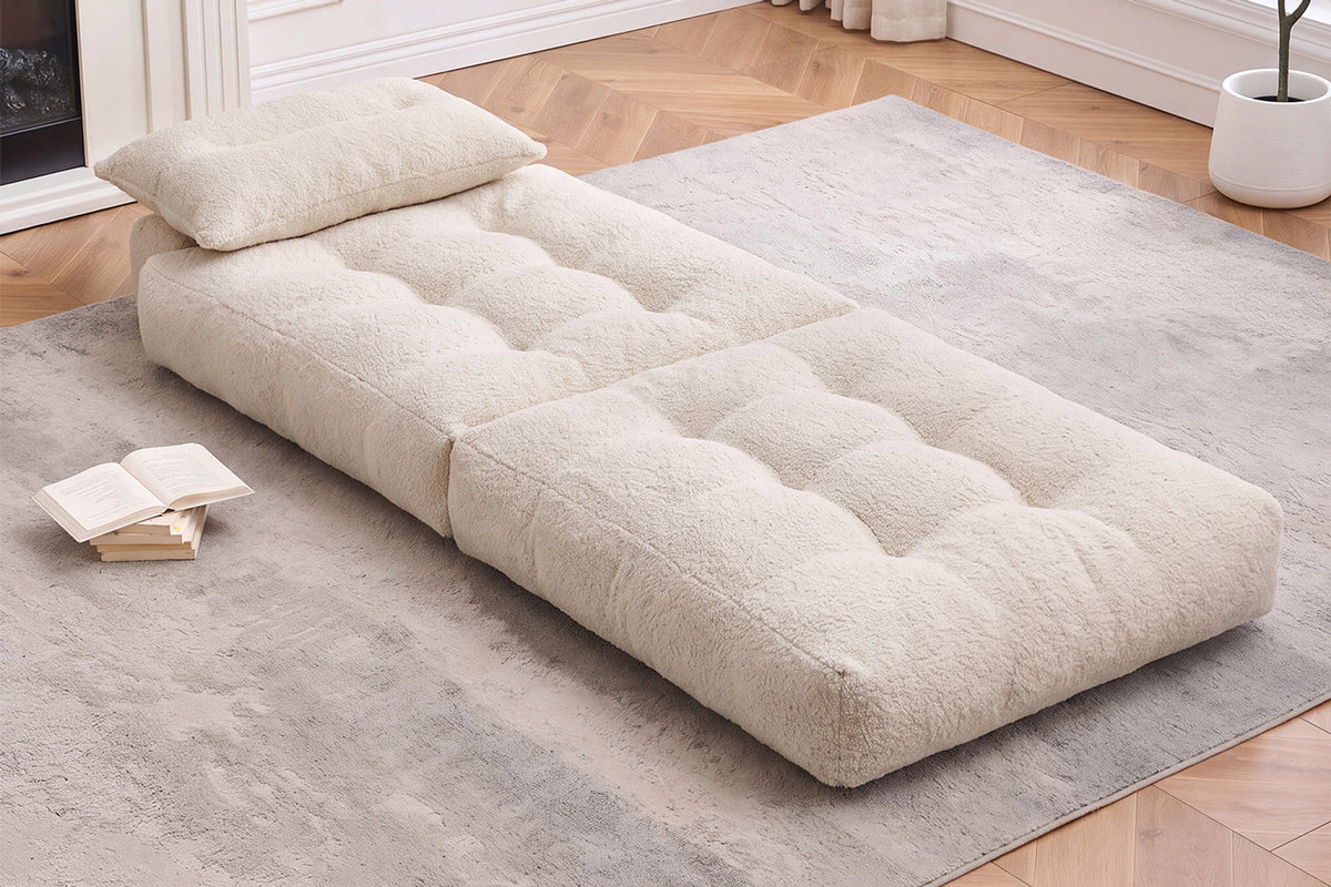 Monvane Oversized 3-in-1 Folding Sofa Bed in Beige 400GSM Teddy Velvet - Folded 38x33.86x16.54 Inch Sleeper Chair with 2 Pillows