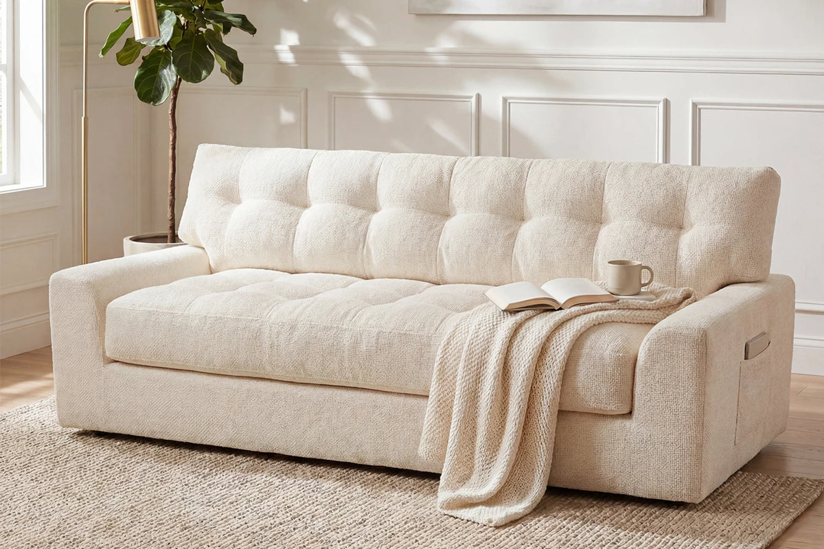 Monvane 75.6x33.86x31.5 Inch Beige 3-Seater Convertible Chenille Boneless Couch in Living Room