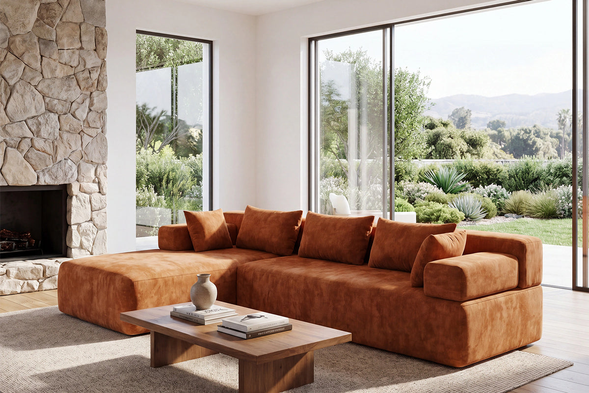 Orange L-shaped sectional couch (chenille) by Monvane