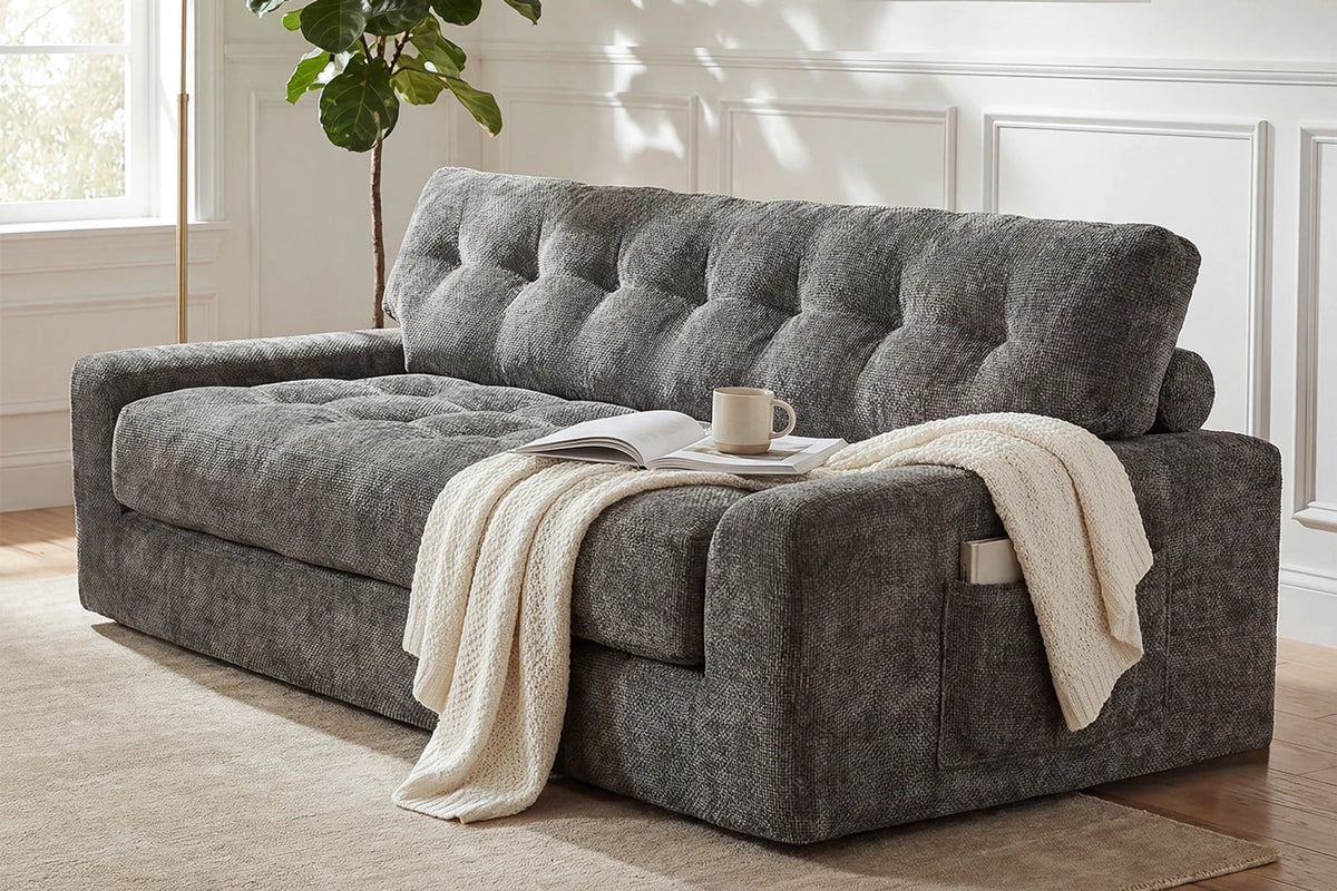 Side Angle View of Monvane 75.6-Inch Dark Grey 3-Seater Chenille Sofa Showing 21.65-Inch Deep Seat and Side Storage Pocket