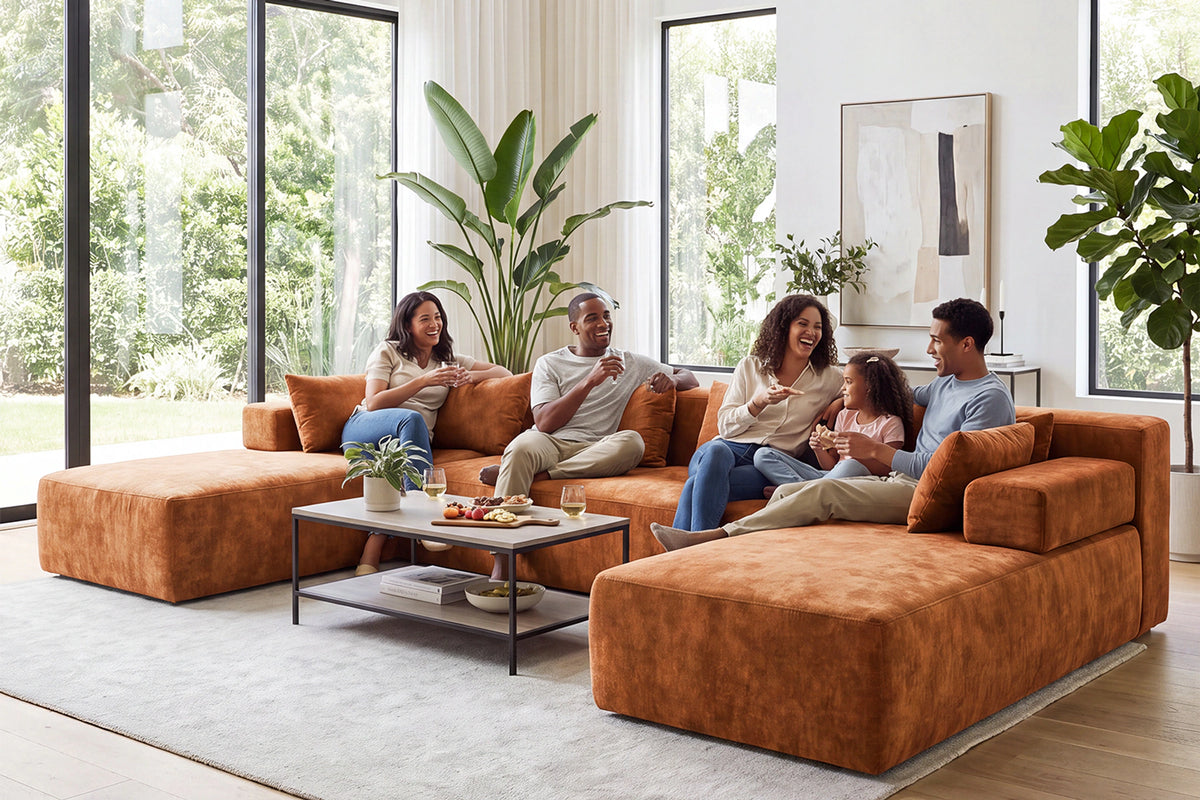 Orange U-shaped sectional couch (chenille) by Monvane