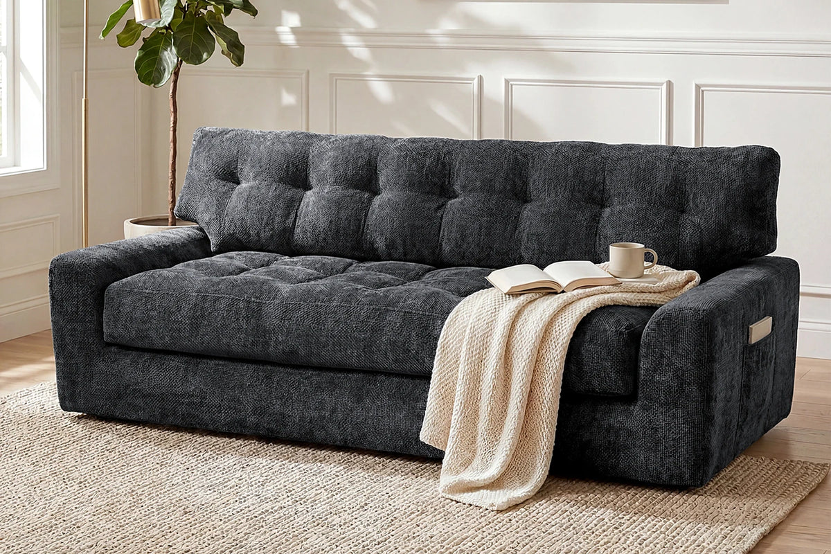 Side Angle View of Monvane 75.6-Inch Black 3-Seater Chenille Sofa Showing 21.65-Inch Deep Seat and Side Pocket