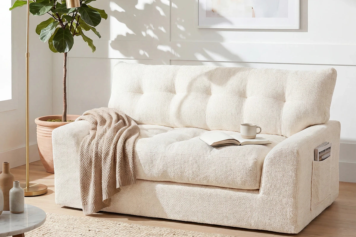 Close-Up of Beige Soft Chenille Fabric, Tufted Backrest, and Detachable Lumbar Bolster on Monvane Convertible Loveseat