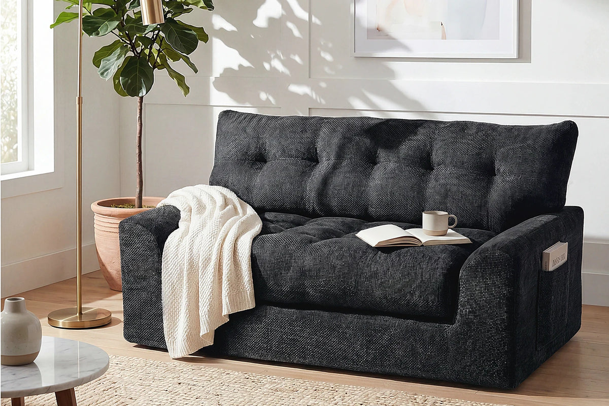 Close-Up of Black Heavyweight Chenille Upholstery, Tufted Backrest, and Lumbar Bolster on Monvane Loveseat