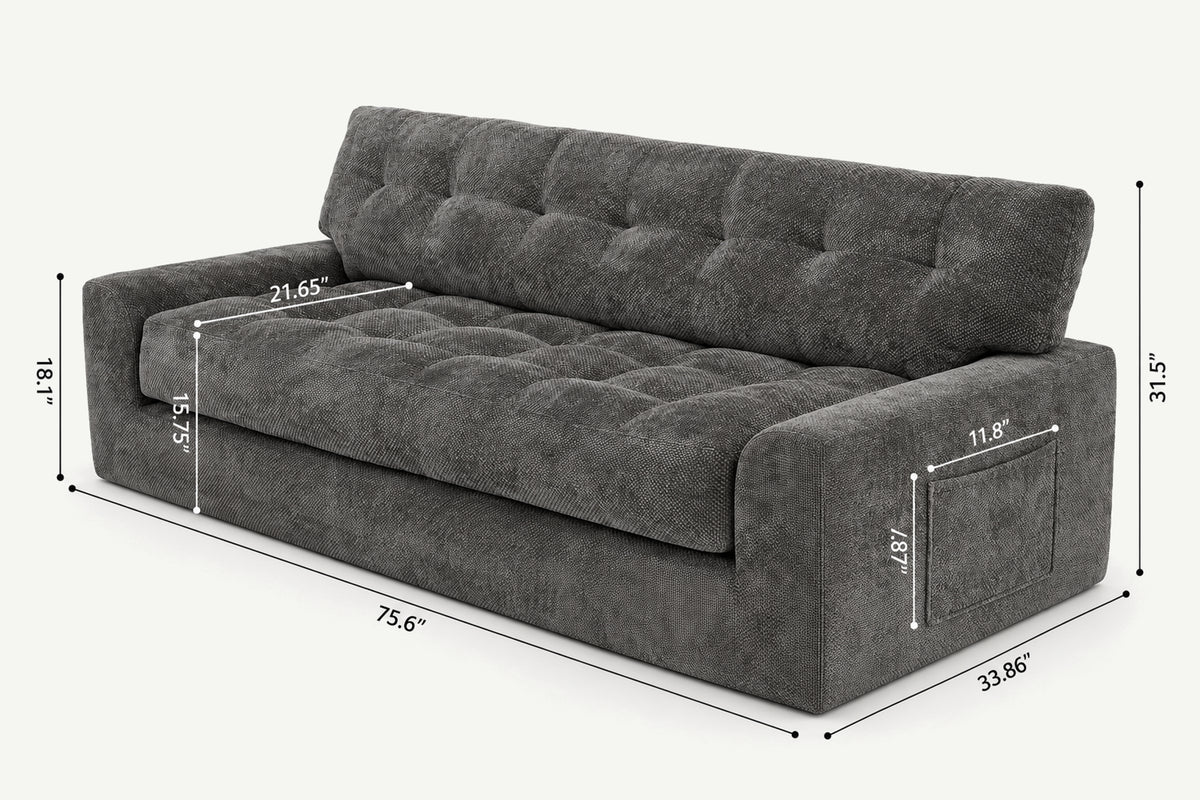 Family and Pet Dog Relaxing on Monvane 75.6-Inch Dark Grey 3-Seater Chenille Boneless Couch (900 lbs Capacity)