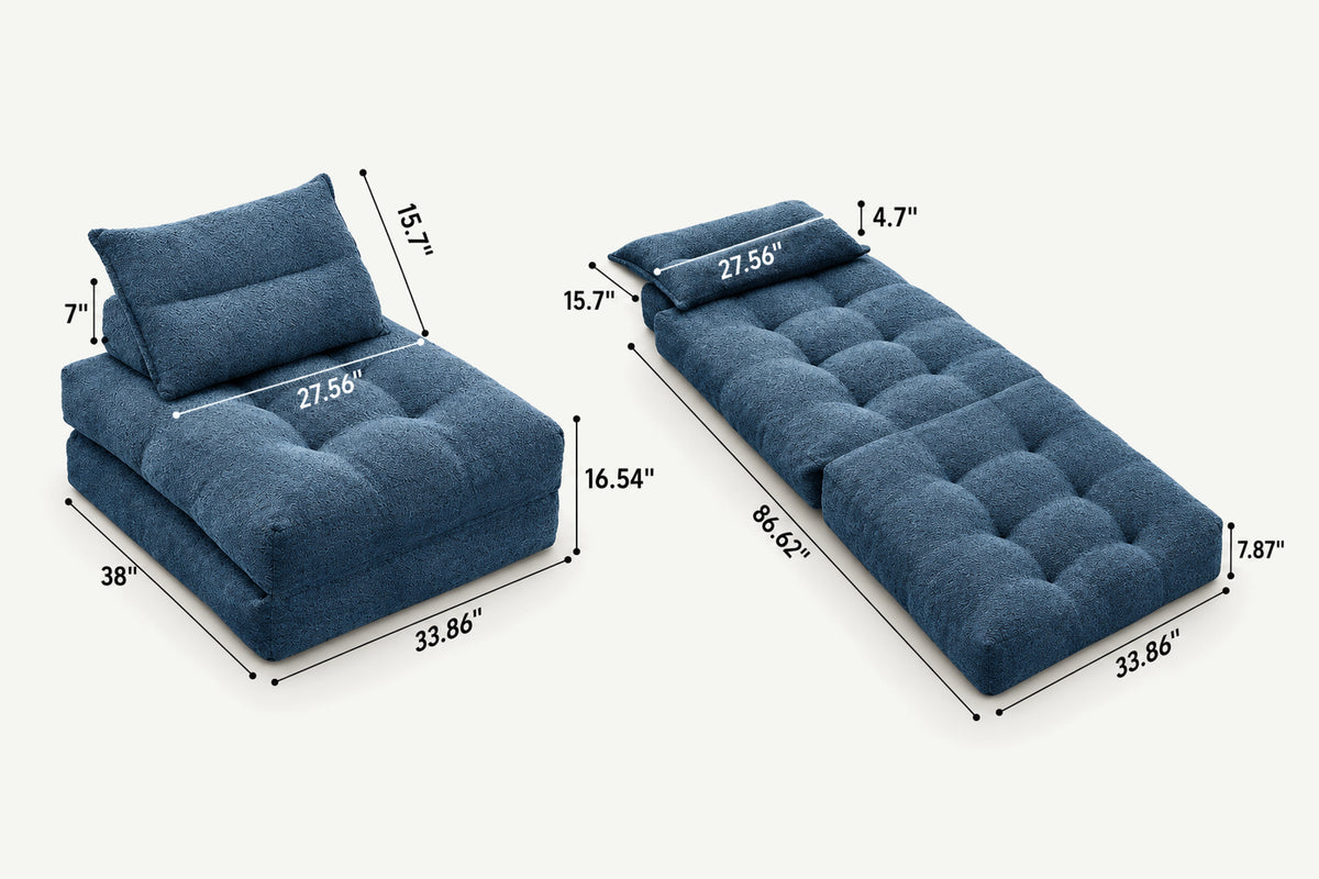 Monvane Oversized 3-in-1 Folding Sofa Bed in Blue 400GSM Teddy Velvet - Folded 38x33.86x16.54 Inch Sleeper Chair with 2 Pillows