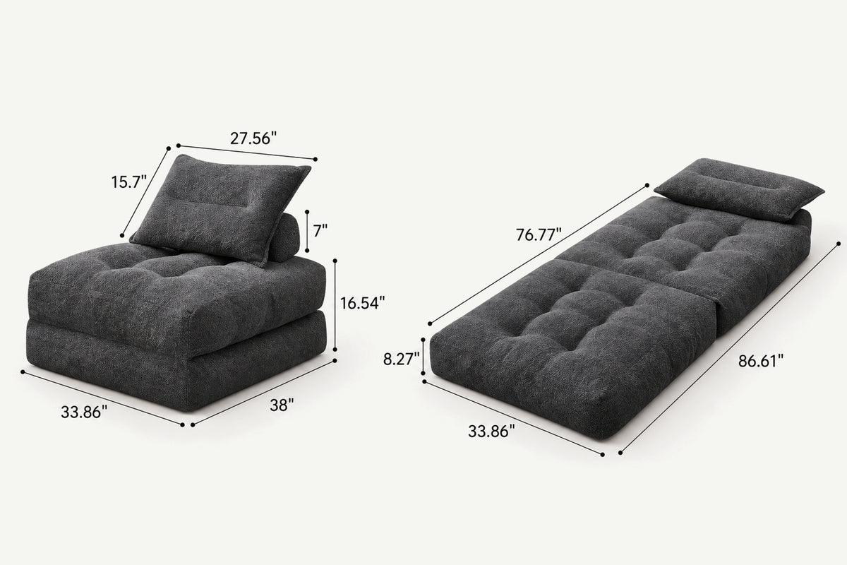 Monvane Oversized 3-in-1 Folding Sofa Bed in Dark Grey 400GSM Teddy Velvet - Folded 38x33.86x16.54 Inch Sleeper Chair with 2 Pillows