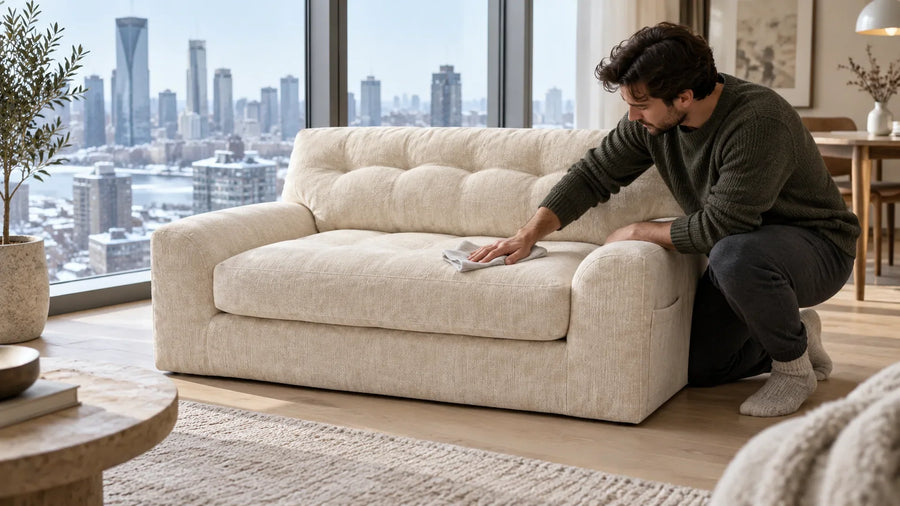 Man wiping the attached chenille cover of a beige MONVANE Convertible Loveseat with a wrung-out cloth