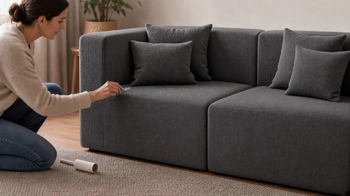 Woman kneeling beside a dark grey chenille MONVANE Loveseat Sofa (2 Seater), lifting small pills off the seat front edge with her fingertips, a lint roller on the floor