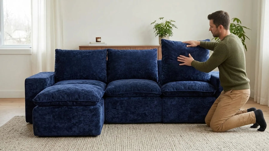 Man kneeling beside an empty navy MONVANE Cushioned Modular Sofa (4 Seats), plumping an upright back pillow with flat open palms (AI-generated illustration, not a customer photo)