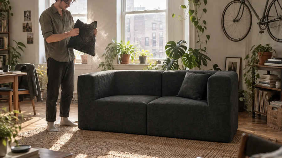 Man plumping a pillow with both hands beside a black MONVANE Loveseat Sofa (2 Seater) in a sunlit room