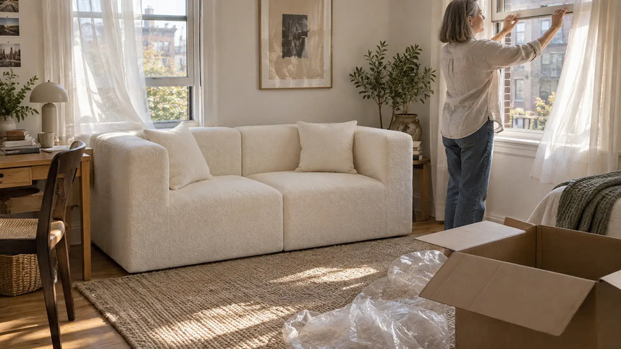 New couch airing near open windows in a bright living room