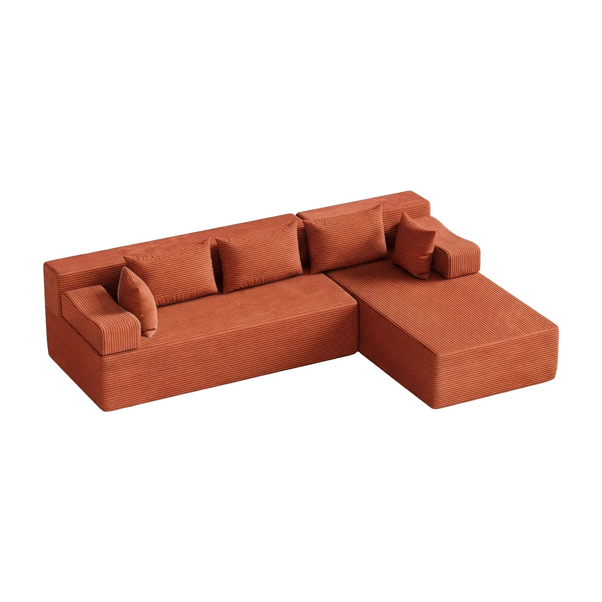Isolated orange corduroy L-shaped sectional showing measurement endpoints