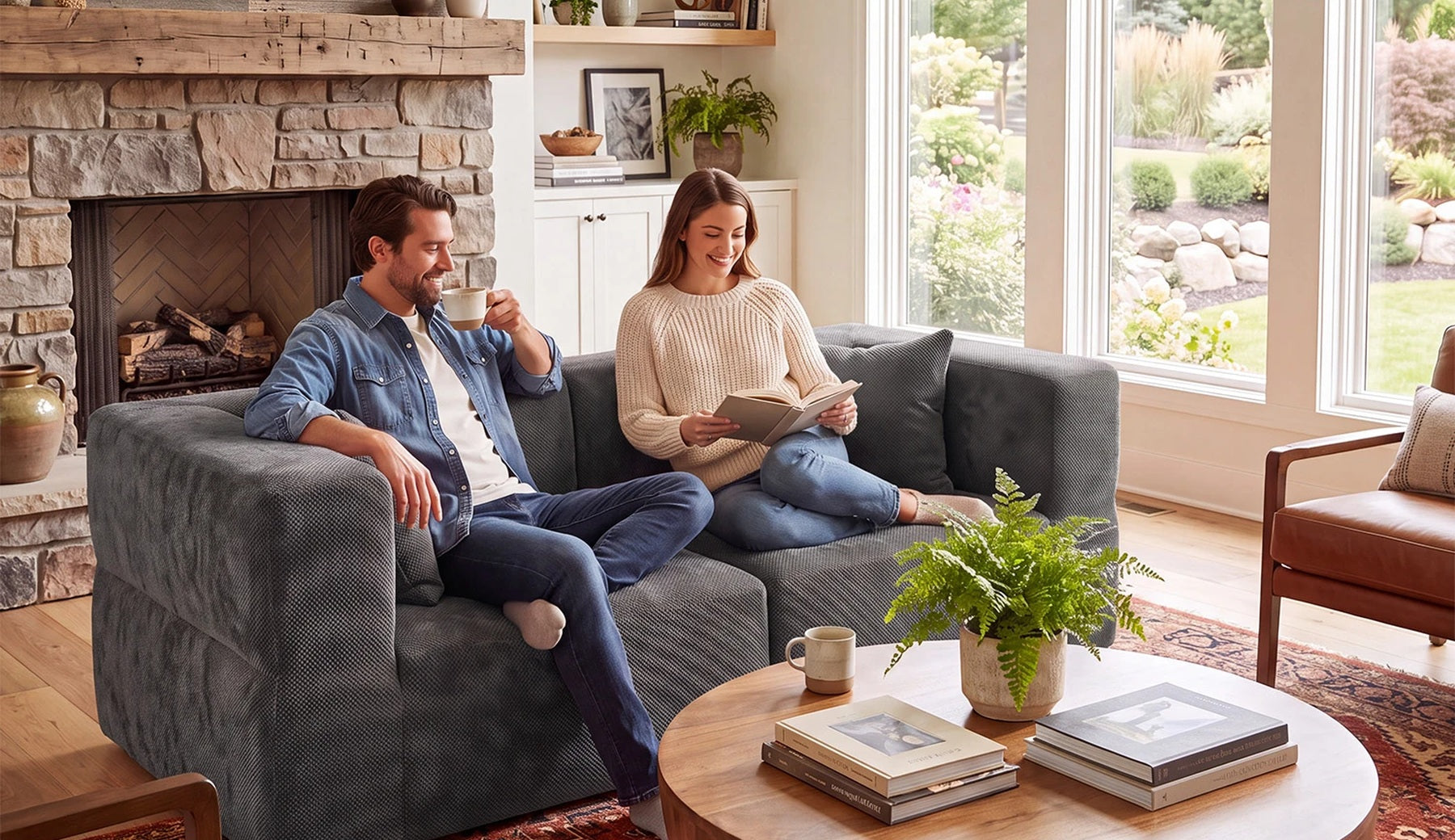 Two adults sitting on a dark gray Monvane two-seat loveseat in a living room.