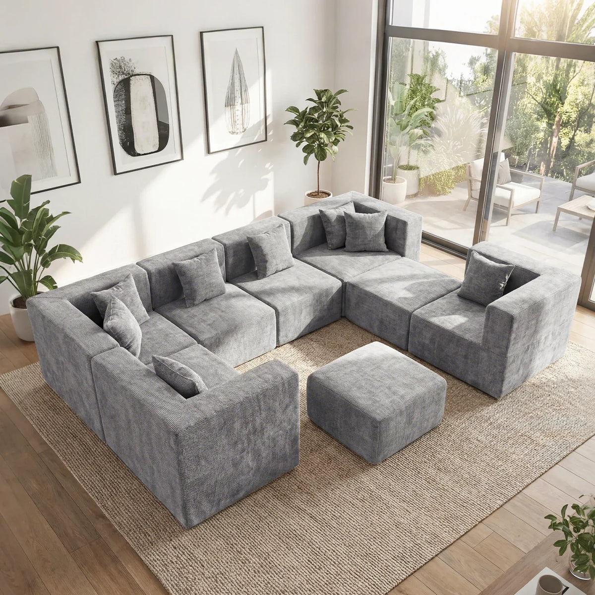 Light gray U-shaped sectional with multiple seat-zone types and ottoman