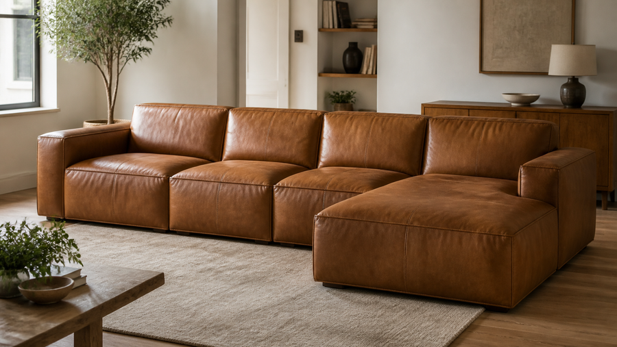 Illustrative cognac leather L-shaped sectional with a chaise in a warm living room.