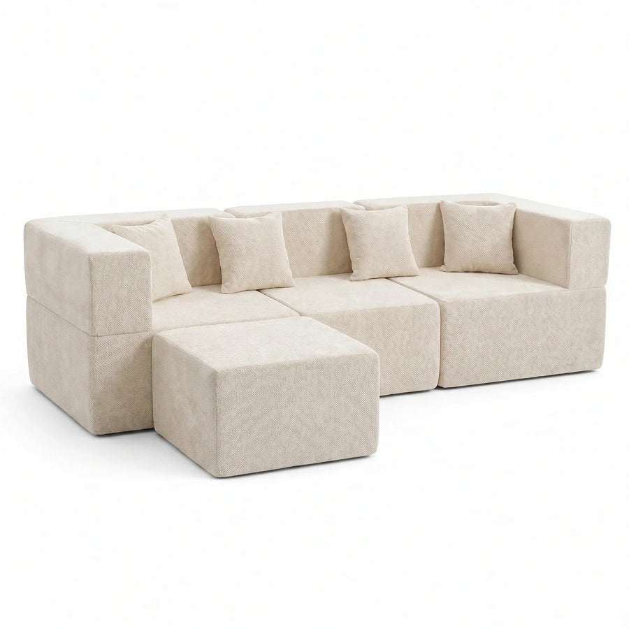 Ivory Monvane L-shaped modular sectional with a separate ottoman on a white background.