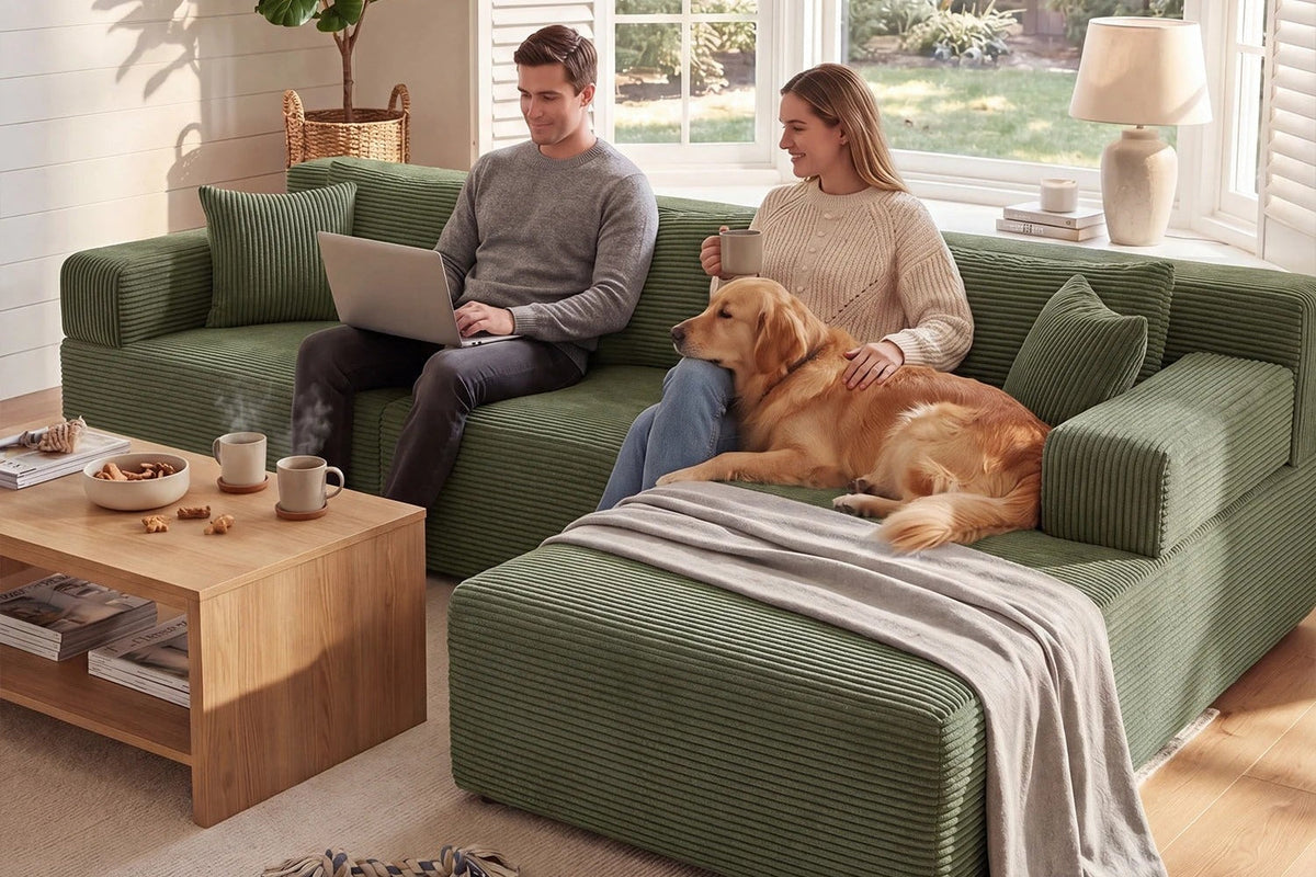 Green corduroy Monvane L-shaped couch beside warm wood and light neutral room finishes.