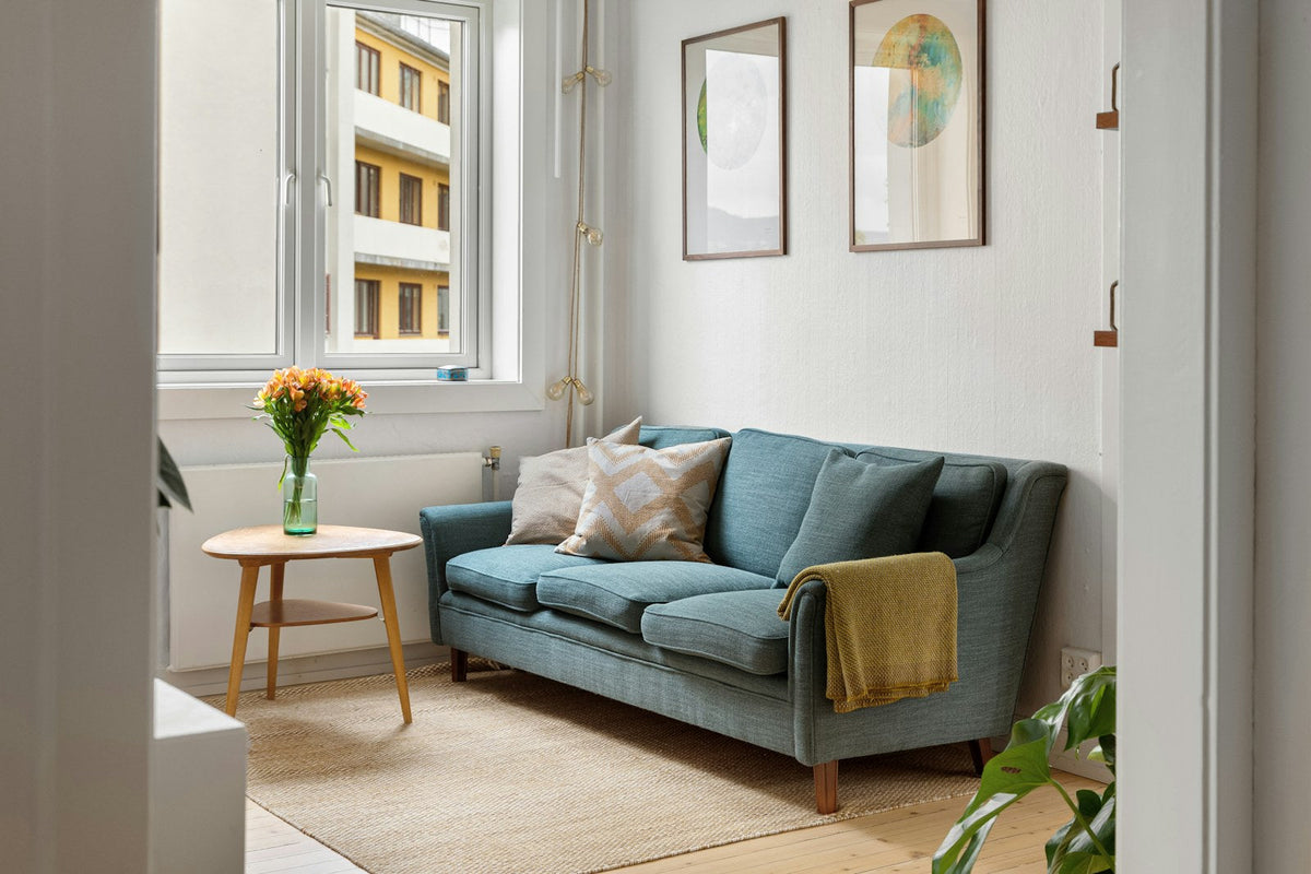 Muted blue sofa beside a window, pale wall, woven rug and light wood side table in a compact living room.