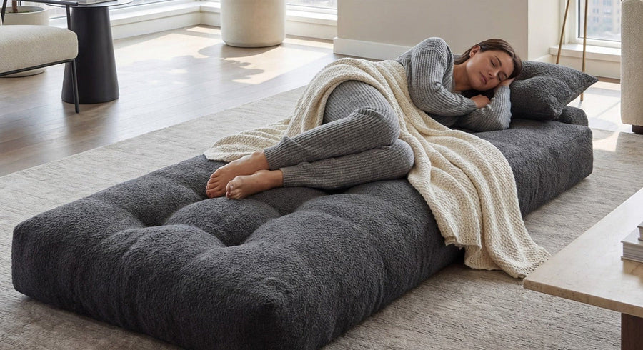 An adult sleeping on a dark gray Monvane Oversized Sofa Bed in its flat position.